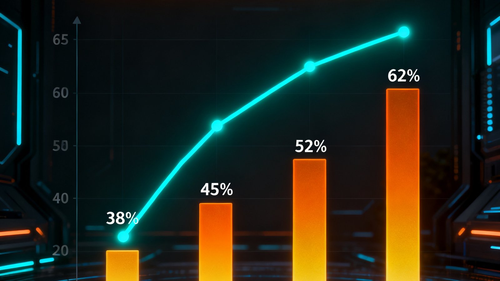 一张信息图表，展示2023年至2025年商用健身器材智能化渗透率从38%攀升至62%的曲线图，背景为深色科技风格，数据以亮色曲线和柱状图呈现，标题醒目突出。