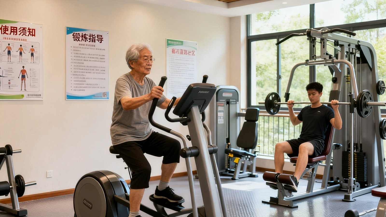 杭州西湖社区健身中心室内全景，老年人在低冲击椭圆机上锻炼，旁边区域有年轻人在使用力量器械，空间明亮整洁，地面铺设防滑地胶，墙上张贴了使用须知和锻炼指导海报。